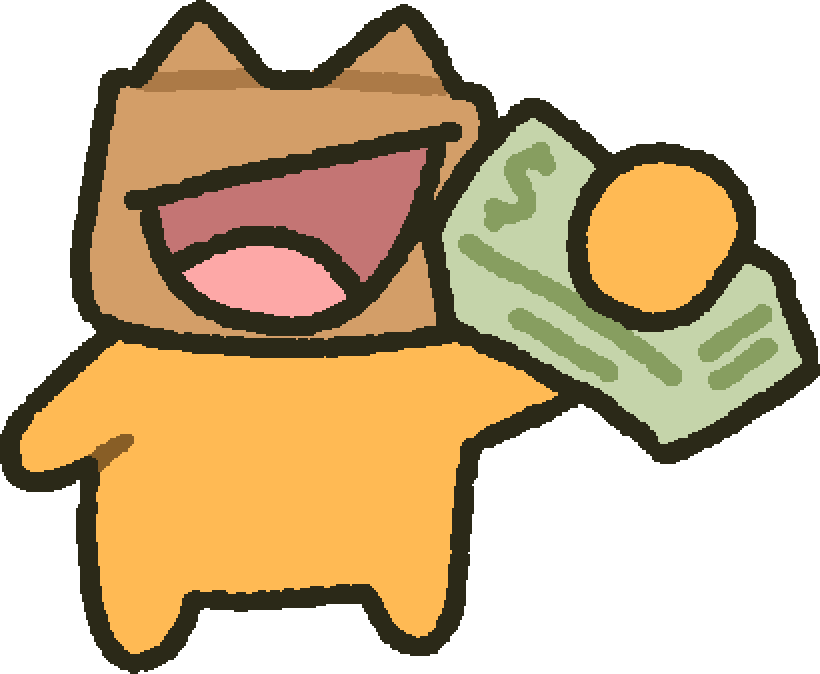 BOXY smiling and holding a banknote.