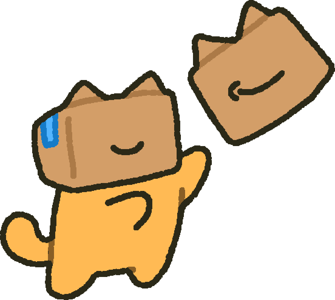 BOXY tossing a cardboard cat head into the air.